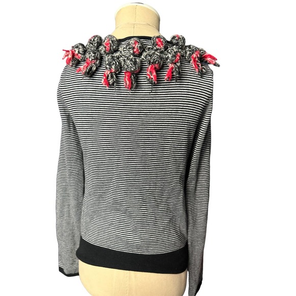 Karen Nikol Anthropologie Funky Fun Black White Striped CardiganPom Poms Size S - Picture 3 of 4